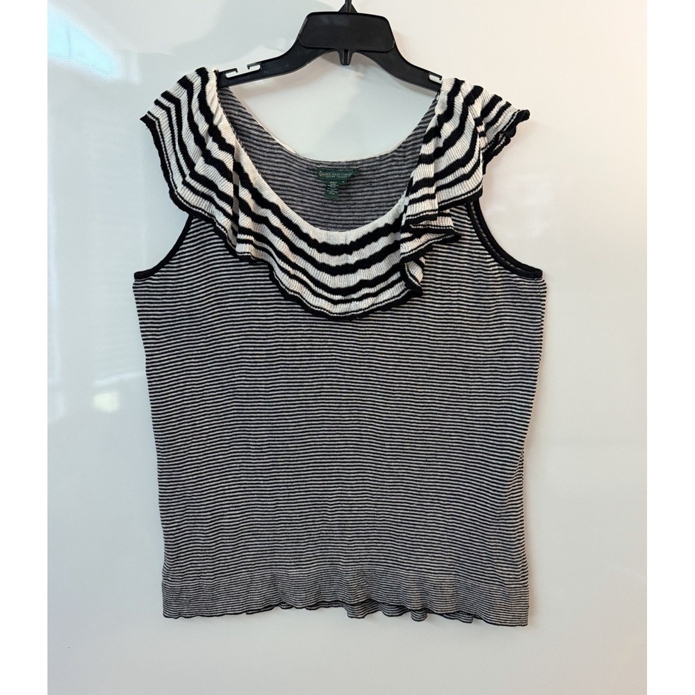 Lauren Jeans Co. Ralph Lauren Women's 1X Black White Striped Ruffle Tank Top